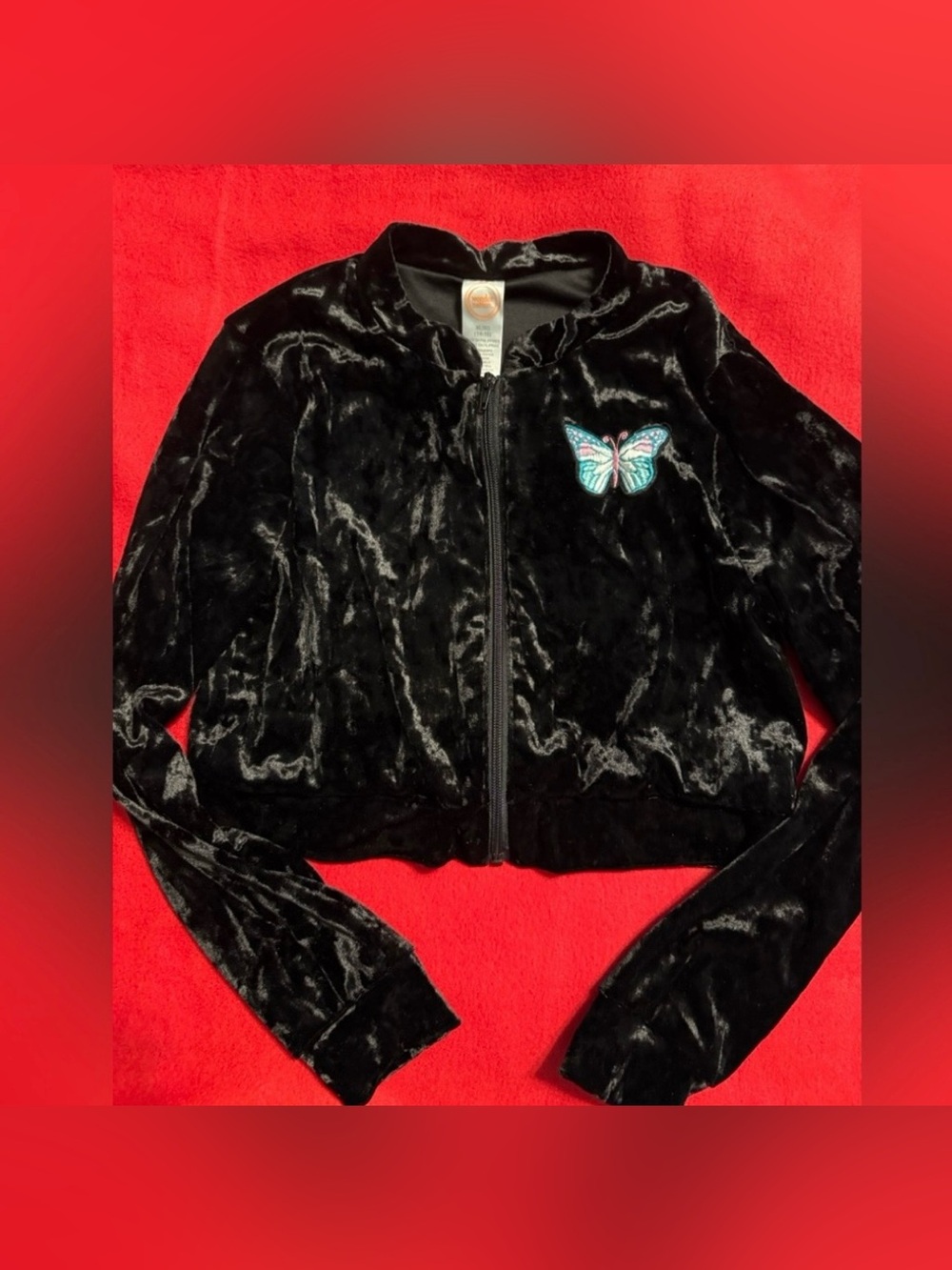 wonder nation Black Velvet Zip-Up Hoodie with Teal & Pink Butterfly